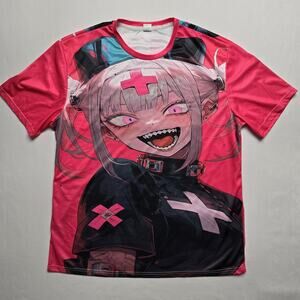 Anime Nurse Graphic Shirt Mens 2XL Pink Black All Over Print Short Sleeve Kawaii